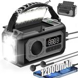 Merkloos Noodradio - Noodradio's - Draagbare noodradio - 12000mAh 2 zonnepaneelen, Zonnesolar/handkraan, AM/FM, telefoonlader, LED zaklamp, SOS-alarm, Geschikt voor kamperen, buiten, nood (Grijs)