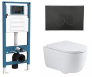 QeramiQ Dely Swirl Toiletset - inbouwreservoir Qeramiq Flush - 35mm zitting - kunststof mat zwarte bedieningsplaat - ronde knoppen - glans wit