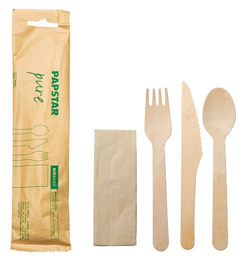 Papstar Pure Wooden Cutlery Set with Napkin - 1 Person - 1 Piece