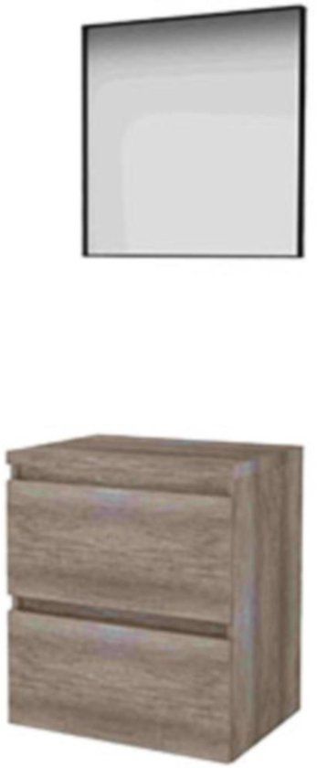 Basic-Line Badkamermeubelset - 60 x 46 cm - Greeploos - 2 Lades - Wastafelblad - Spiegel met Zwart Aluminium Frame - Scotch Oak