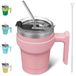 BJPKPK 300 ml beker met handvat geïsoleerde beker met deksel en rietje herbruikbare roestvrijstalen dubbelwandige reismokken, lichtroze
