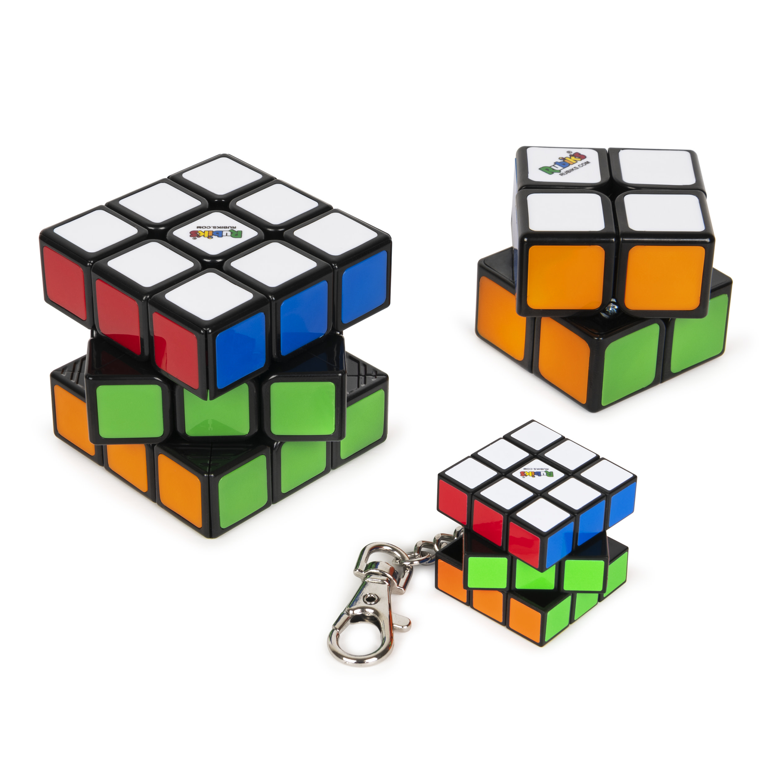 Spin Master Rubik&#39;s kubus familiepakket, oorspronkelijke kubus van 3x3, kubus van 2x2 en sleutelhangerkubus van 3x3, complete set van 3