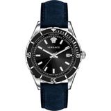 Versace Hellenyium Gent VE3A00220 Zilverkleurig Stalen Polshorloge met Zwarte Wijzerplaat en Blauwe Leren Band
