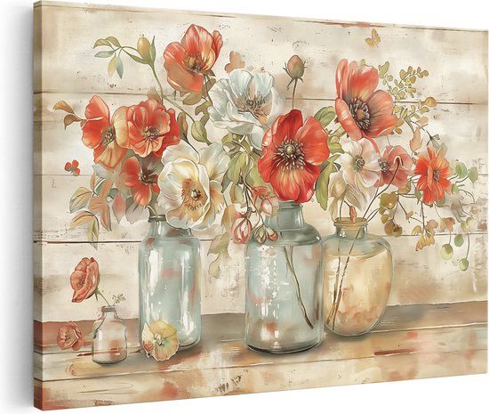 Artaza Canvas Schilderij Bloemen in Glazen Potten - 120x80 cm