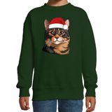 Bellatio Decorations Kersttrui / sweater kat/poes - kinderen - bruine kat/poes - groen - kerstmuts - Kerstmis 152/164