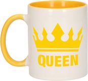 Bellatio Decorations Queen koffiemok - geel met wit - 300 ml - keramiek