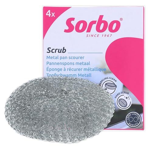 Sorbo Pannenspons Metaal - Extra Sterke Metaalspons, Verwijdert Hardnekkig Vuil, Geschikt voor Pannen, Ovenschalen, Grill en Barbecue, Extra Schuurkracht, 4 Stuks