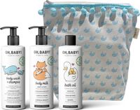 Oh, Baby! Gevulde Toilettas (3*250ml) - Natuurlijk, biologisch & vegan voor baby's en kinderen - Body Wash & Shampoo + Badolie + Lichaamsmelk + Gratis Toilettasje