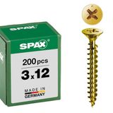 SPAX Universele schroef, 3 x 12 mm, 200 stuks, Voldraad, Verzonken kop, Kruiskop Z1, S-punt, YELLOX - 1081020300123