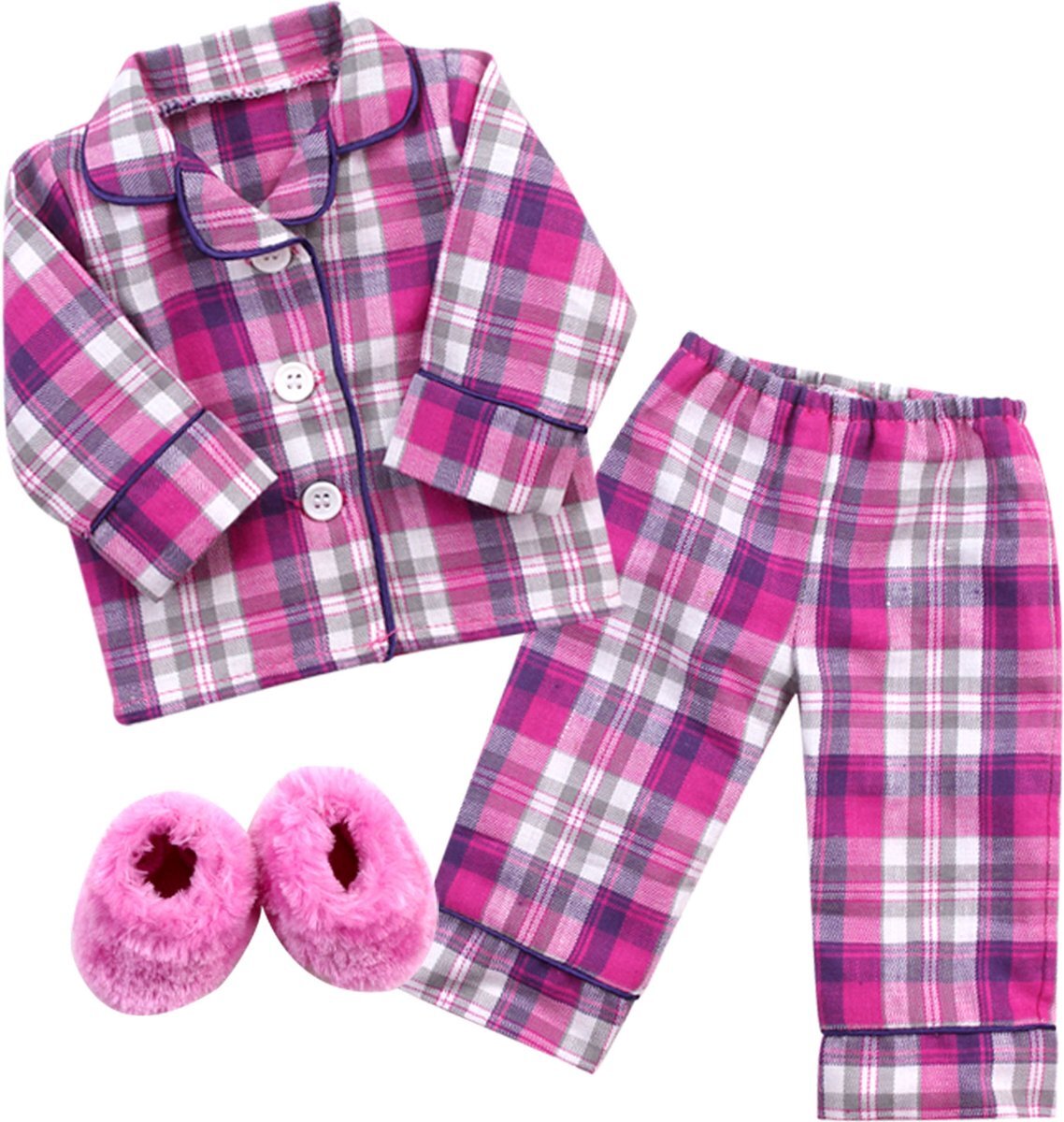 Sophia's by Teamson Kids Poppenkledingset voor 18" Poppen - Pyjama en Pantoffels - Poppen Accessoires - Roze/Flanel (Pop niet inbegrepen)