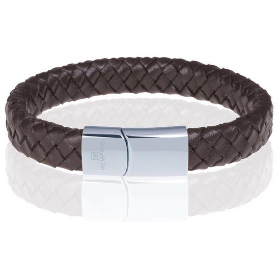 Memphis Gevlochten Leren Armband Bruin Zilverkleurig - 22cm