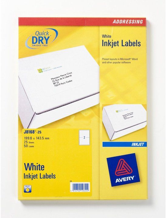 Avery J8168-25 adreslabels Wit