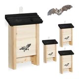 Relaxdays vleermuiskast, set van 4, huisje voor vleermuizen, onbehandeld hout, 25x18x6 cm, natuurzwart
