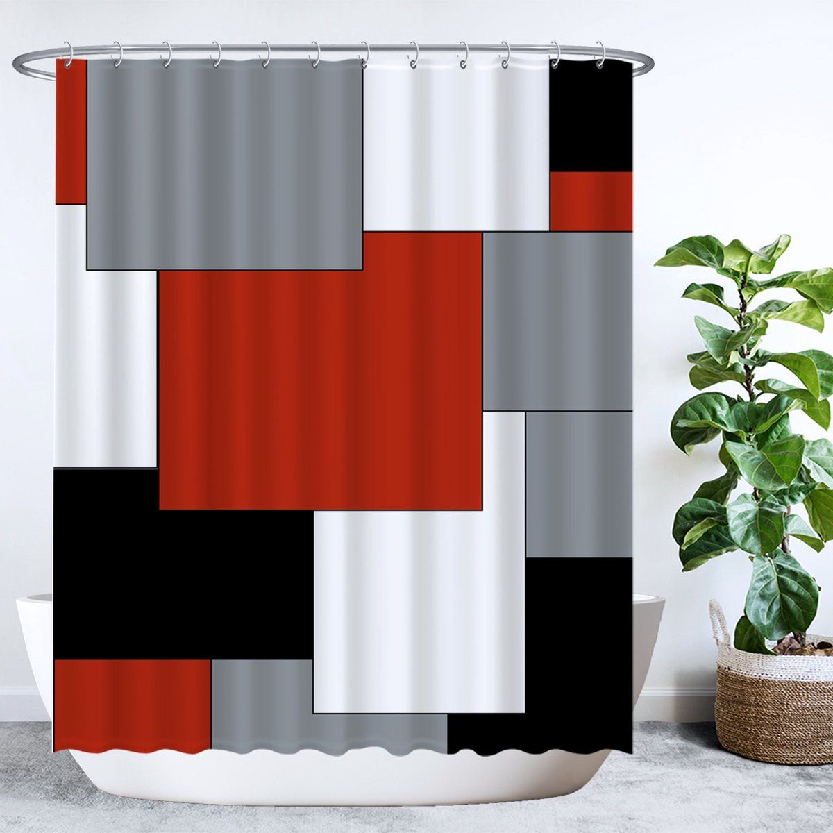 Ulticool Douchegordijn - Rechthoek Vierkant Rood Grijs - 180 x 200 cm - Polyester - met 12 ringen