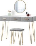 Merkloos / Sans marque SureDeal® Kaptafel met Fluwelen Krukje, Ronde Spiegel, 3 Lades, Grijze Afwerking, Luxe Gouden Accenten, 100x40x77,5 cm