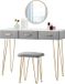 Merkloos / Sans marque SureDeal® Kaptafel met Fluwelen Krukje, Ronde Spiegel, 3 Lades, Grijze Afwerking, Luxe Gouden Accenten, 100x40x77,5 cm