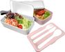 Nerthus Lunch dubbele box, 2 luchtdicht en 3 solide bestek, magnetron en vaatwasser, duurzaam, gezond en mooi, geschikt voor volwassenen en kinderen, roze, 18,5 x 11,1 x 10 cm