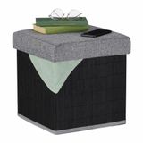 Relaxdays Kruk met opbergruimte, gewatteerd, opvouwbaar, bamboe, stof (h x b x d): 36 x 35 x 35 cm, bankkruk, zwart/grijs