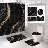 BEIFIVCL Luxe marmer douchegordijn set 4 stuks met douchegordijn, contourmat en badmat, douchegordijn met 12 haken voor badkamer decoratie (183 x 183 cm), zwart