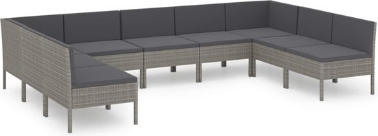 vidaXL 9-delige Loungeset met kussens poly rattan grijs