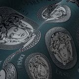 A.S. Création "MEDUSA HOOFD" Satin Glanzend Behang | Design - Blauw Zilver Zwart - Versace