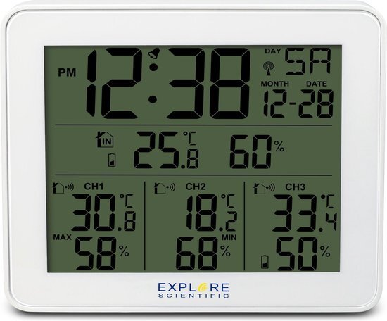 Explore Scientific WSH4003SW radio gestuurd digitaal weerstation | Groot Display | Dag aanduiding | inclusief 3 temperatuursensoren | Binnen – en buitenthermometer | Binnen – en buitenluchtvochtigheid | Wit