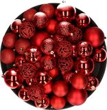 Decoris Boules de Noël plastique rouge 36 pièces - 6-8-10 cm - mat et brillant - avec fils de suspension