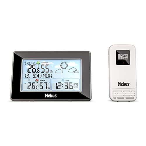 Mebus Draadloos weerstation met buitensensor, thermometer/hygrometer, radioklok, feel-good indicator beoordeeld binnenklimaat, weersvoorspelling, maankalender, wekker, kleur: zwart-zilver, model: 40917