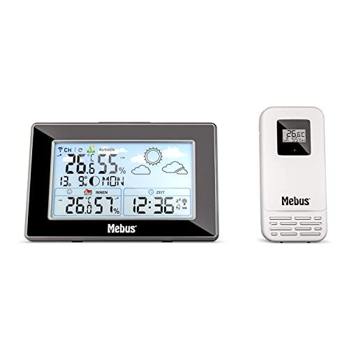 Mebus 40917 Draadloos weerstation met buitensensor, thermometer/hygrometer, radioklok, zwart-zilver