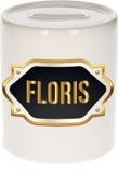 Bellatio Decorations Shoppartners Bv Spaarpot met voornaam Floris - wit - met goud/zwart embleem - 8 x 9 cm - keramiek - met afsluitdop - cadeau verjaardag