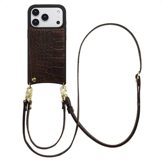 Selencia Hoesje - Geschikt voor Apple iPhone 17 Pro - Croco Backcover met koord en pashouder - Choco Brown