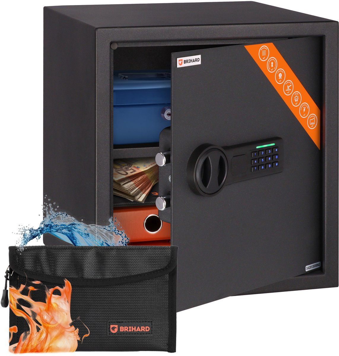 Brihard Business Elektronische Kluis 40x36x36 cm met Brandwerende Geldtas, 48L Kluis met Digitaal Codeslot & LED, Verwijderbaar Rek, Codekluis voor Kantoor en Thuisbeveiliging
