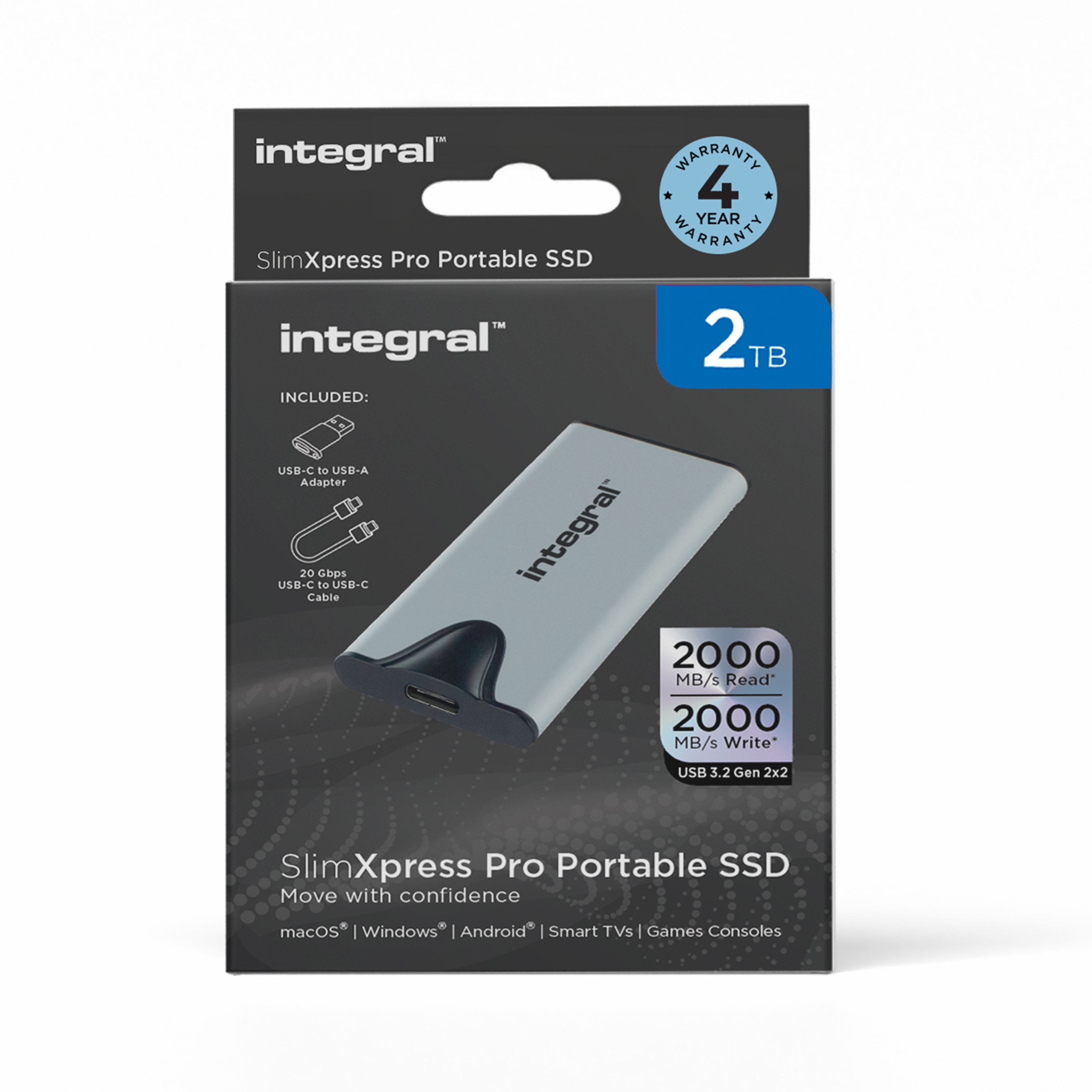 Integral SlimXpress Pro INSSD2TPORT3.2SLIMXS Externe SSD 2TB USB 3.2 Gen 2x2 Zilver