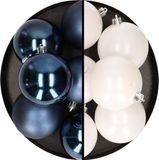 Merkloos / Sans marque Kaemingk B.V. 12x stuks kunststof kerstballen 8 cm mix van donkerblauw en wit