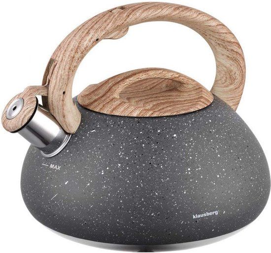KLAUSBERG Top Choice Fluitketel - 2.7 liter - marmerlook - houten handvat - Grijs