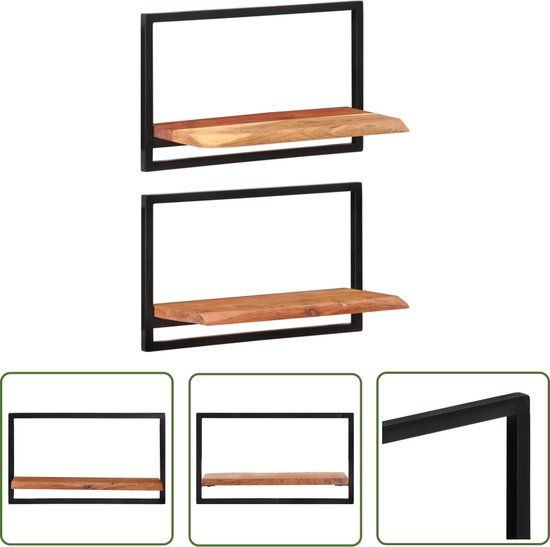 vidaXL Wandschappen - 2 stuks - 60x25x35 cm - Massief acaciahout en staal - Bruin