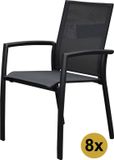 AVH-Collectie Set van 8 Malaga stapelbare tuinstoelen antraciet aluminium textileen