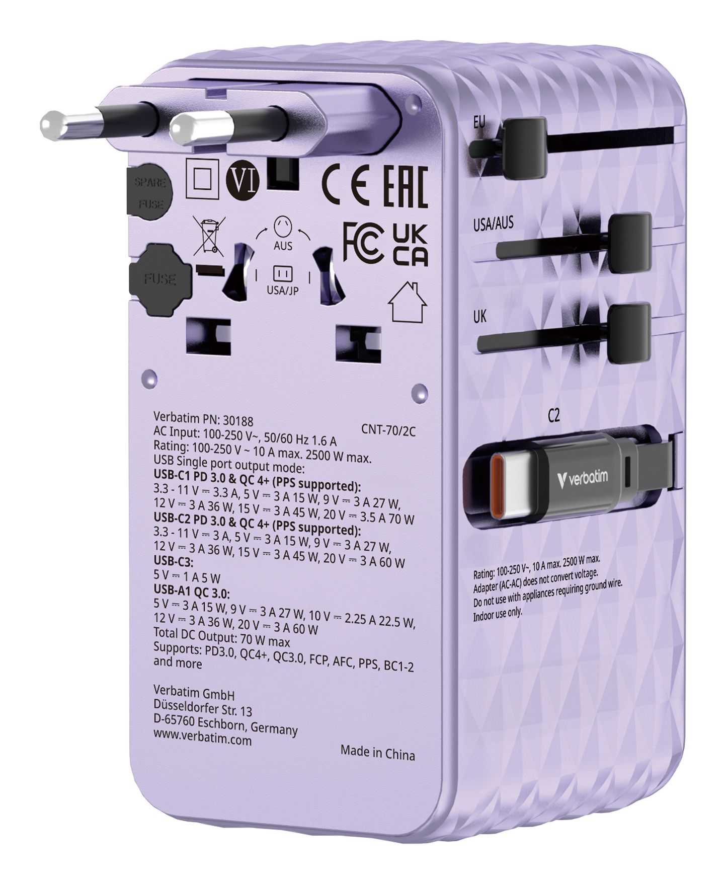 Verbatim Charge 'n' Travel 70W Universeel Paars AC Snel opladen Binnen