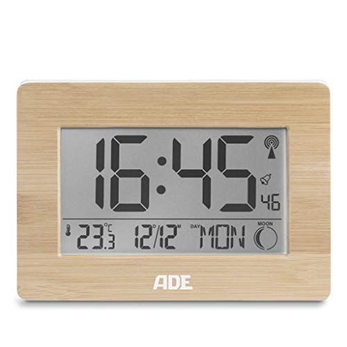 ADE Digitale wekkerradio met batterij, tafelklok met temperatuurweergave, verlichting, sluimerfunctie, zeer goed afleesbaar, groot display, digitale wekker, zonder tikken, zwart