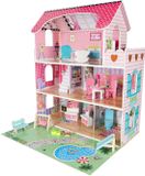 Lulilo Maison de poupée en bois Gardeno avec meubles de jardin - 70 cm, Rose, 5 chambres, éclairage LED