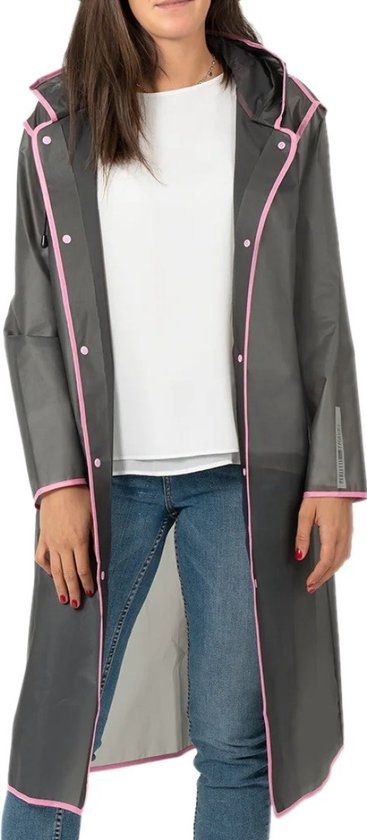 Perletti Semi transparante zwarte regenjas City Trench met roze bies S