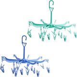 Sans marque 2 Pcs étendoir pliable 16 pinces pour suspendre chaussettes et sous-vêtements - Portable et coupe-vent, rotatif à 360 degrés (Bleu Vert)