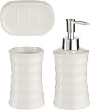 Berilo Badkamer accessoires set met strepen 3-delig creme wit van keramiek - Schaaltje - Zeeppompje - Beker