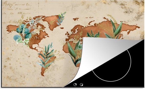 KitchenYeah® Inductie beschermer 77x51 cm - Wereldkaart - Papyrus - Planten - Inductie beschermer