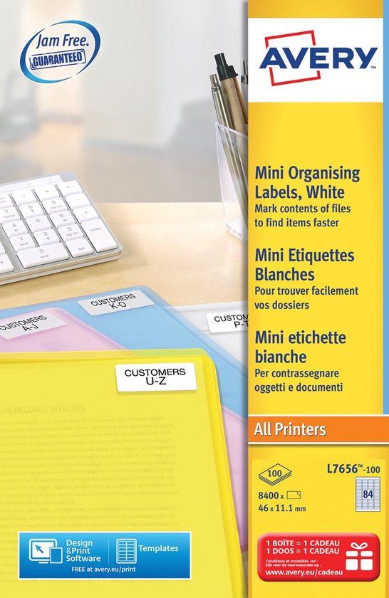 Avery Laseretiket 46x11 - 1mm wit - 84 etiketten per vel - 100 vel