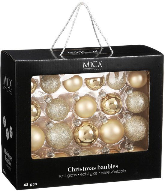 Mica Decorations Kerstballen - 42 Stuks Glazen Ballen voor de Kerstboom - Kerstversiering in Champagne Kleur - Piek met Effen Klassieke Stijl - Ø7 cm, Ø6 cm en Ø5 cm