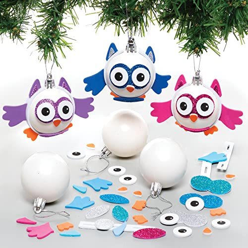 Baker Ross FE975 Sneeuwuil bal set - Pak van 6, Maak je eigen kerstversieringen, Feestelijke boomversieringen voor kinderen om te versieren en weer te geven, Hangende decoraties voor kerstbomen