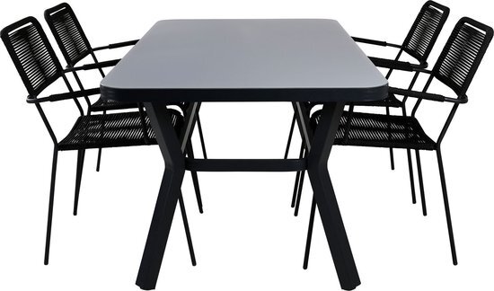 Hioshop Virya tuinmeubelset tafel 90x160cm en 4 stoel armleuningS Lindos zwart, grijs.