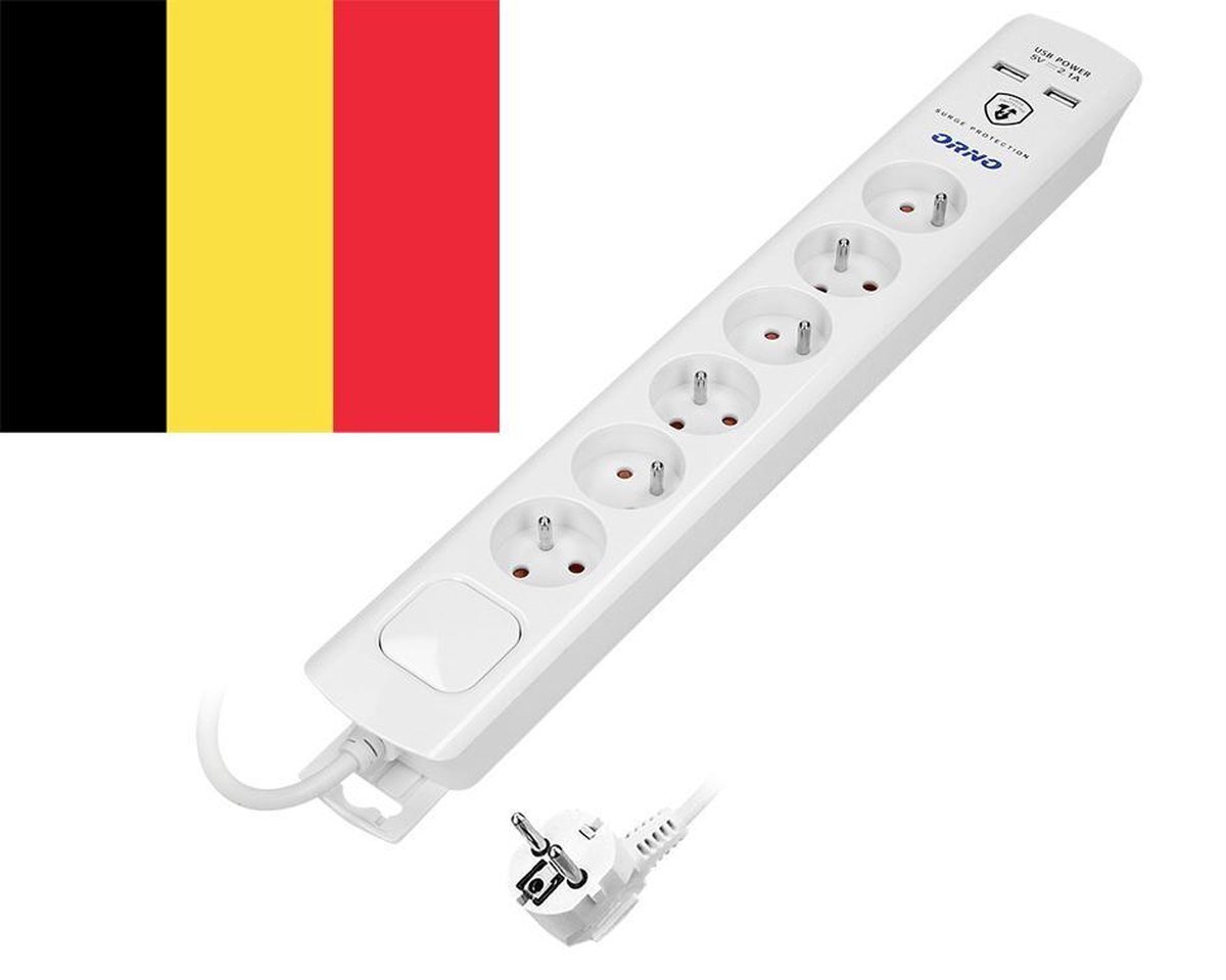 Orno Design stekkerdoos in het wit - 3 meter kabel - 6 uitgangen en 2 USB-Poorten 2.1A - Type 3 SPD overspanningsbeveiliging - Geschikt voor België