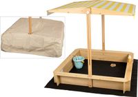 needs&wants® Zandbak met dakbank en onderstel, met deksel Oxford 600D, hout, rechthoekig, met banken, UV-zonwering, 113x113x113 cm, geel/wit/bruin